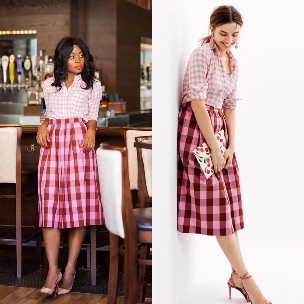 J. Crew Pink Plaid Midi Skirt